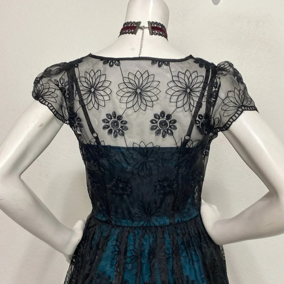 Voodoo Vixen NEW Black Teal Embroidered Lace Overlay Witchy Retro Pin Up Dress S - Picture 7 of 15